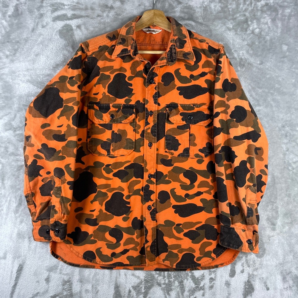Vintage Cabelas Button Shirt Mens Large Orange Camo Hunting Flannel Chamois USA